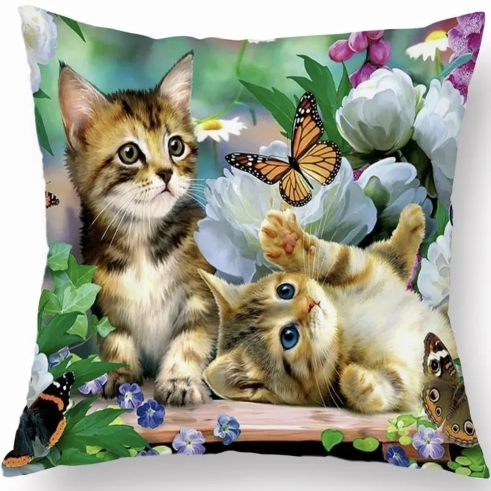 New 1pc Kittens & Butterfly Print Cushion Cover, T1MIS